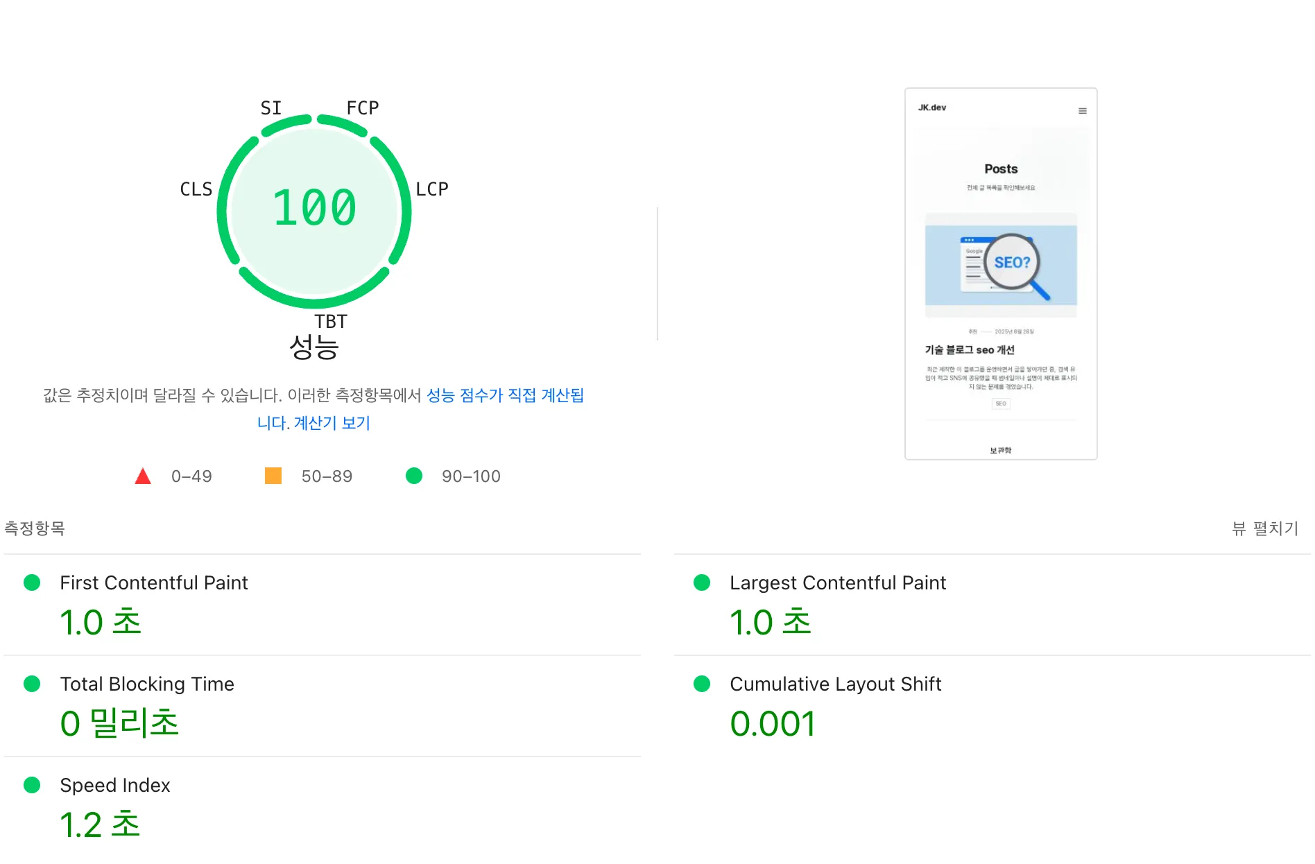 최적화 후 PageSpeed Insights Performance 점수