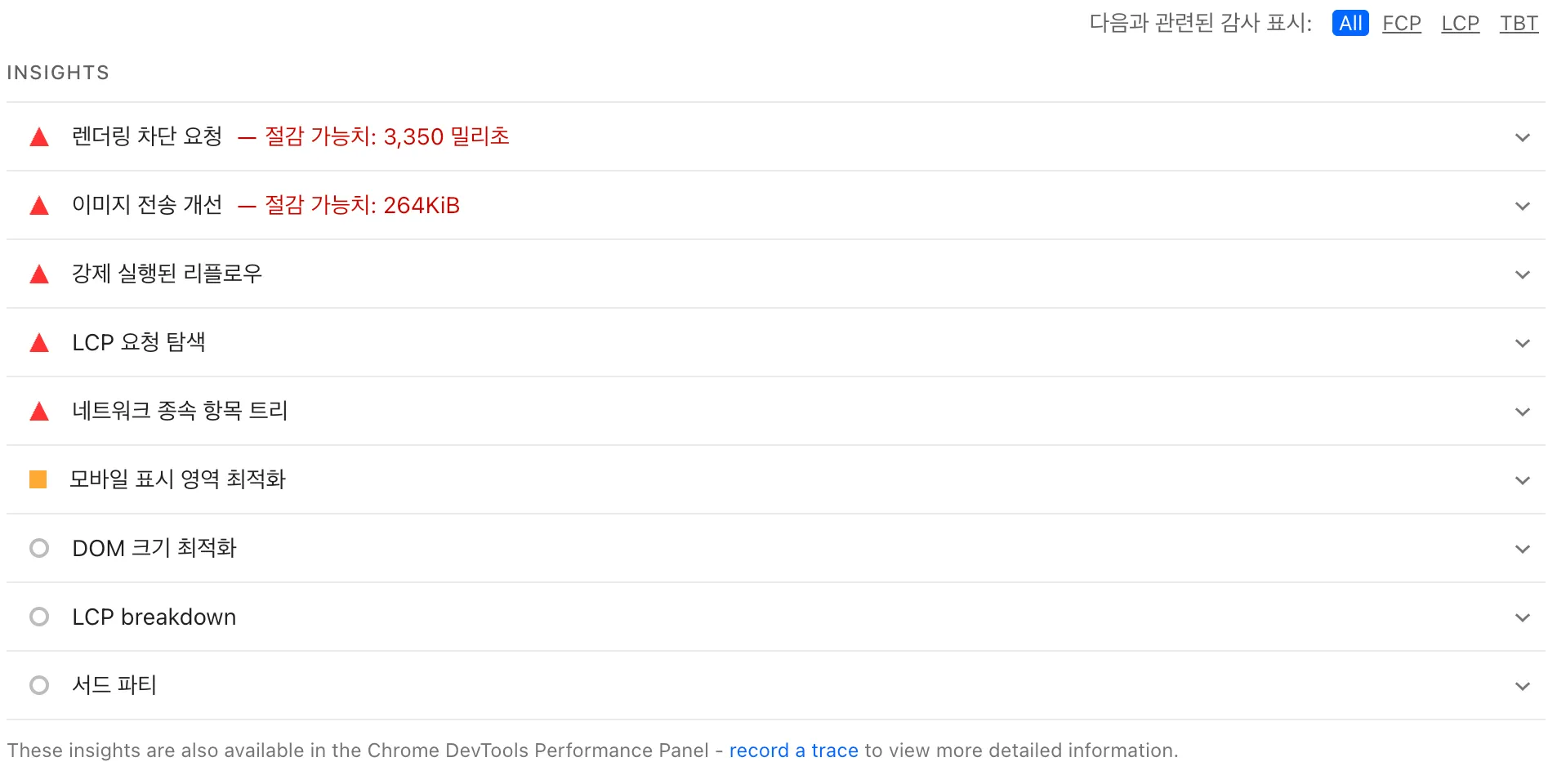 PageSpeed Insights 분석 결과
